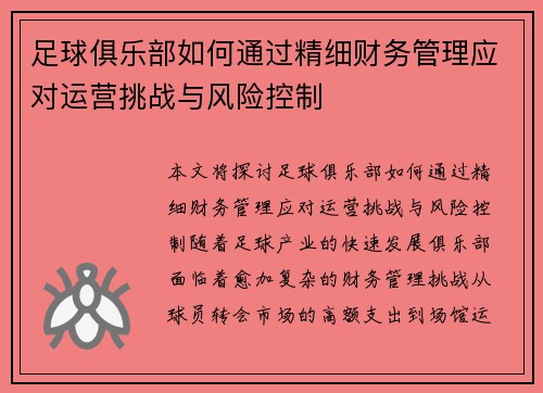 足球俱乐部如何通过精细财务管理应对运营挑战与风险控制